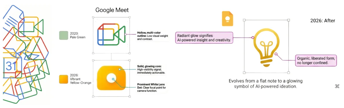 Side-by-side of the Google Meet and Keep icons in 2020 and 2026, with notes on the glowing gradient redesign